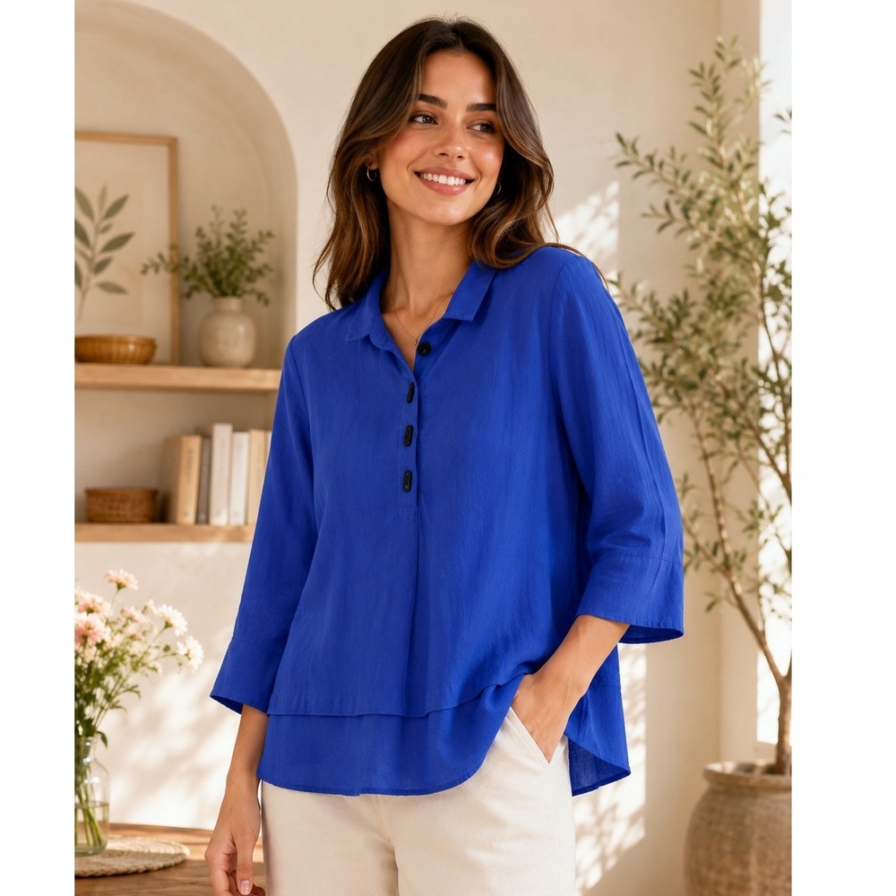 Ali Miles Royal Blue Layered Hem 3/4 Sleeve Blouse Petite Medium